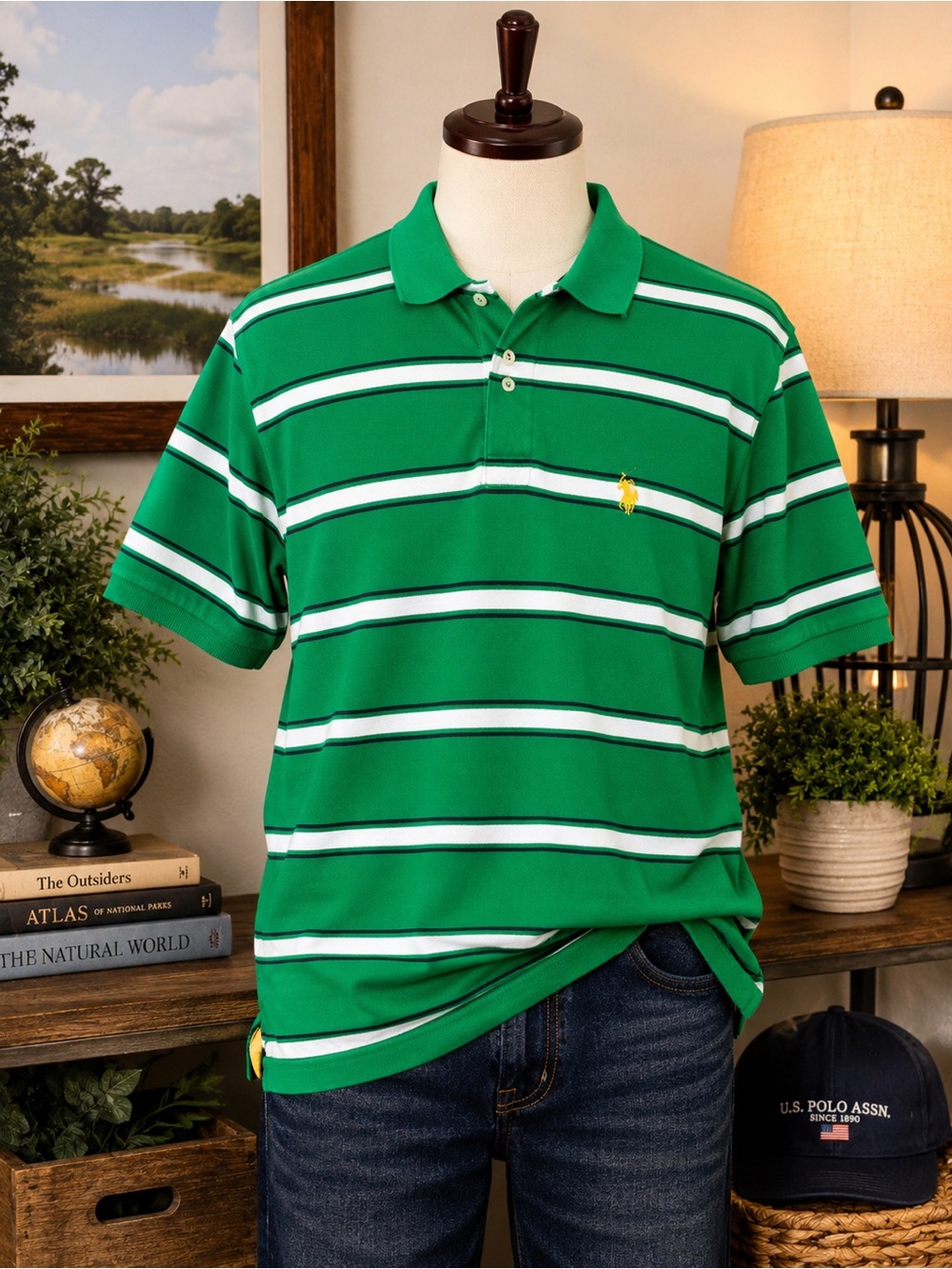 U.S. Polo Assn Green Striped Polo Shirt Men's Large 100% Cotton Short Sleeve
